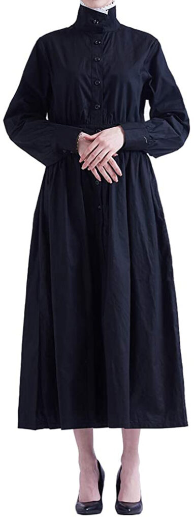 headless woman wearing a calf length, button down, long sleeved, dress of modest cut. the neck has a high collar with a little white lace trim. the woman is also wearing black high heeled shoes.